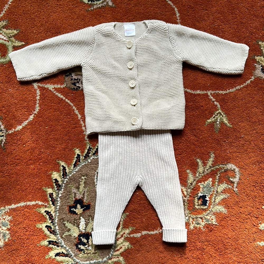 Hannah Anderson Cream Cardigan & Ribbed Pant Set 3-6m